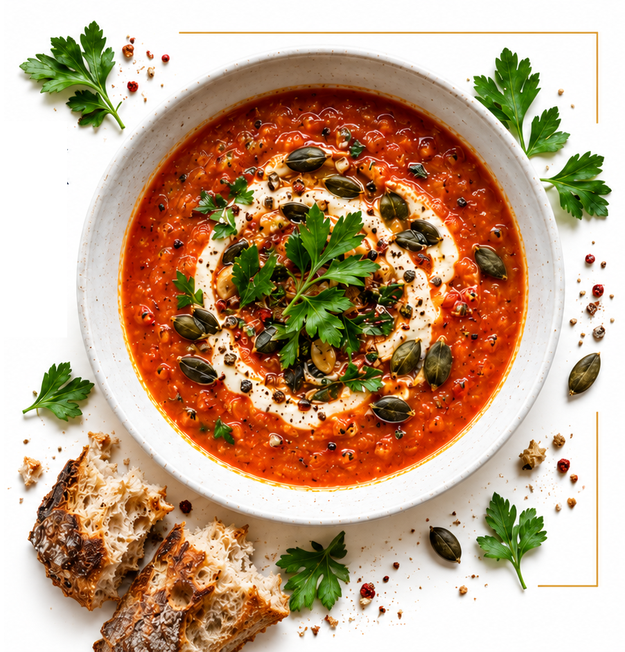Rote-Linsen-Tomaten-Suppe mit Kürbiskernen und Petersilie, dazu frisches Brot